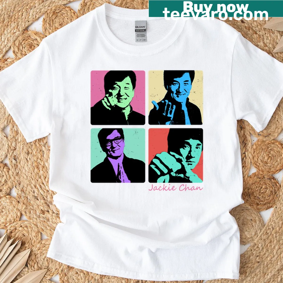 Pop art T-shirt featuring Jackie Chan in kung fu action — on a men's t-shirt