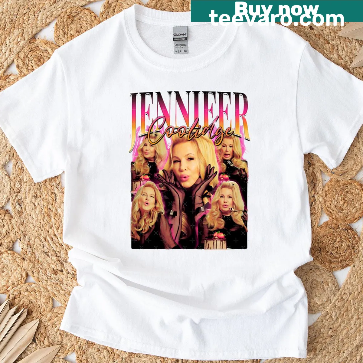 Illustrated t-shirt celebrating Jennifer Coolidge's charm. — on a men's t-shirt