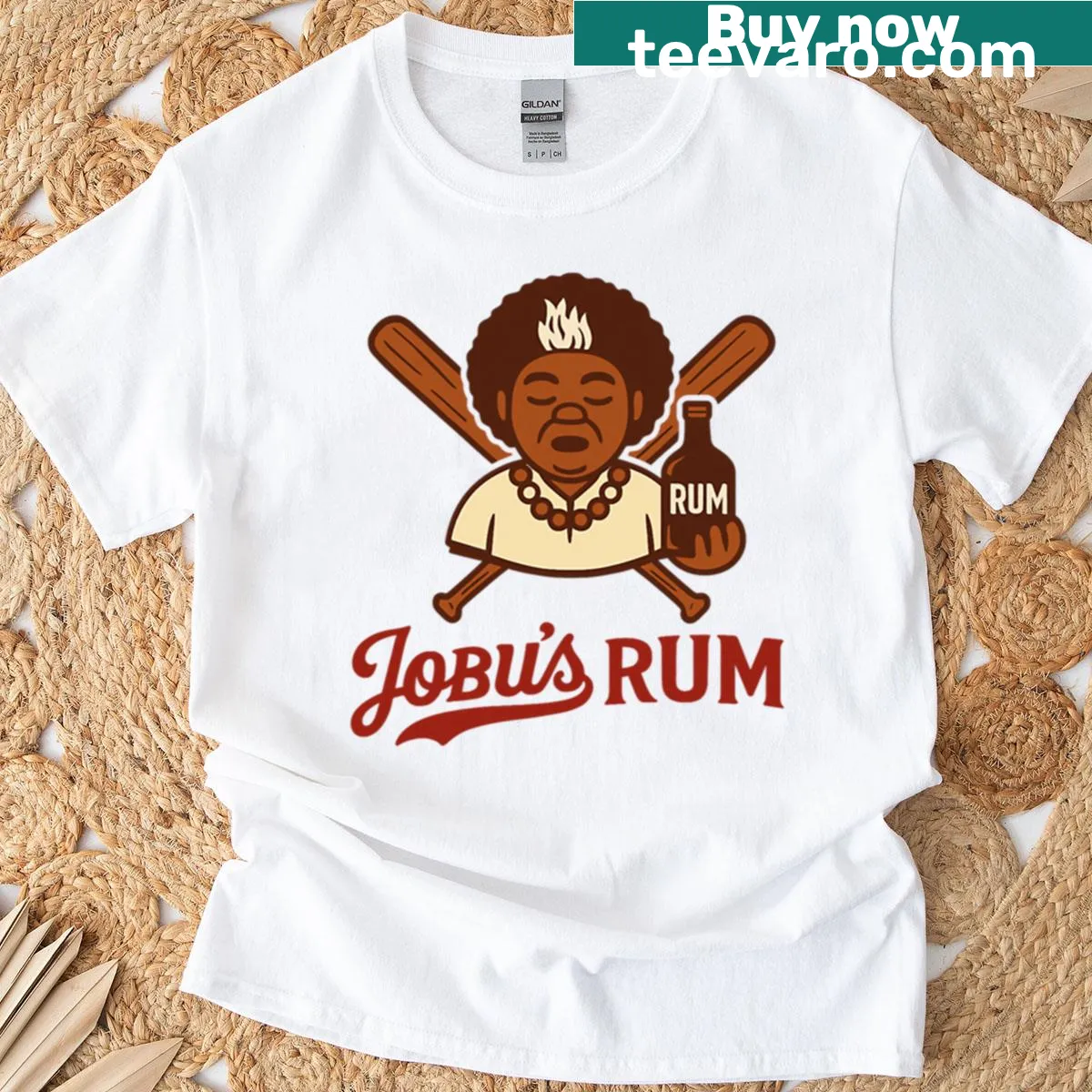 Baseball-themed Jobus Rum graphic T-shirt — on a men's t-shirt