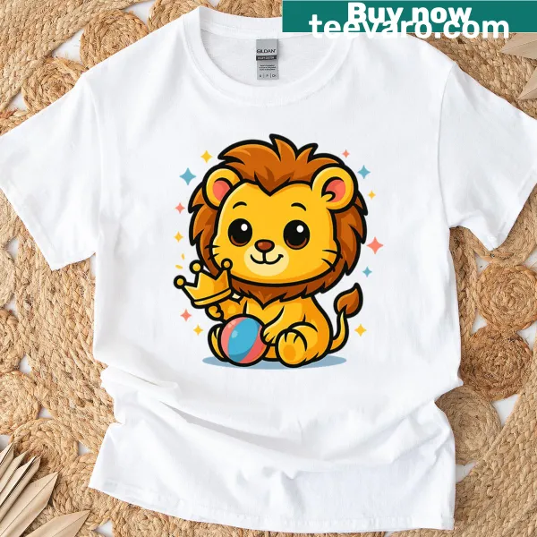 Kawaii lion cartoon t-shirt with a crown design