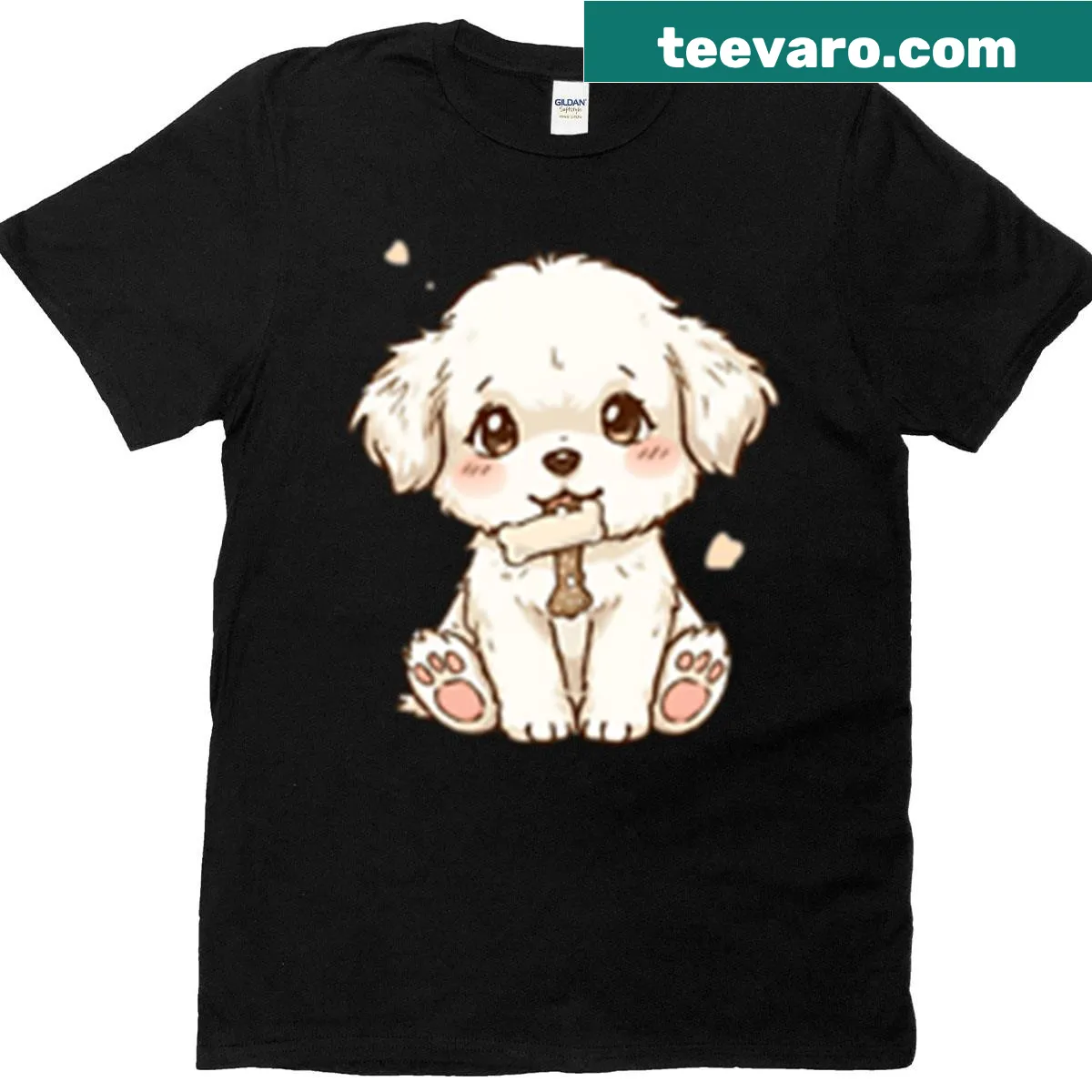 Charming chibi puppy graphic on fitted t-shirt for dog lovers — on a men's t-shirt