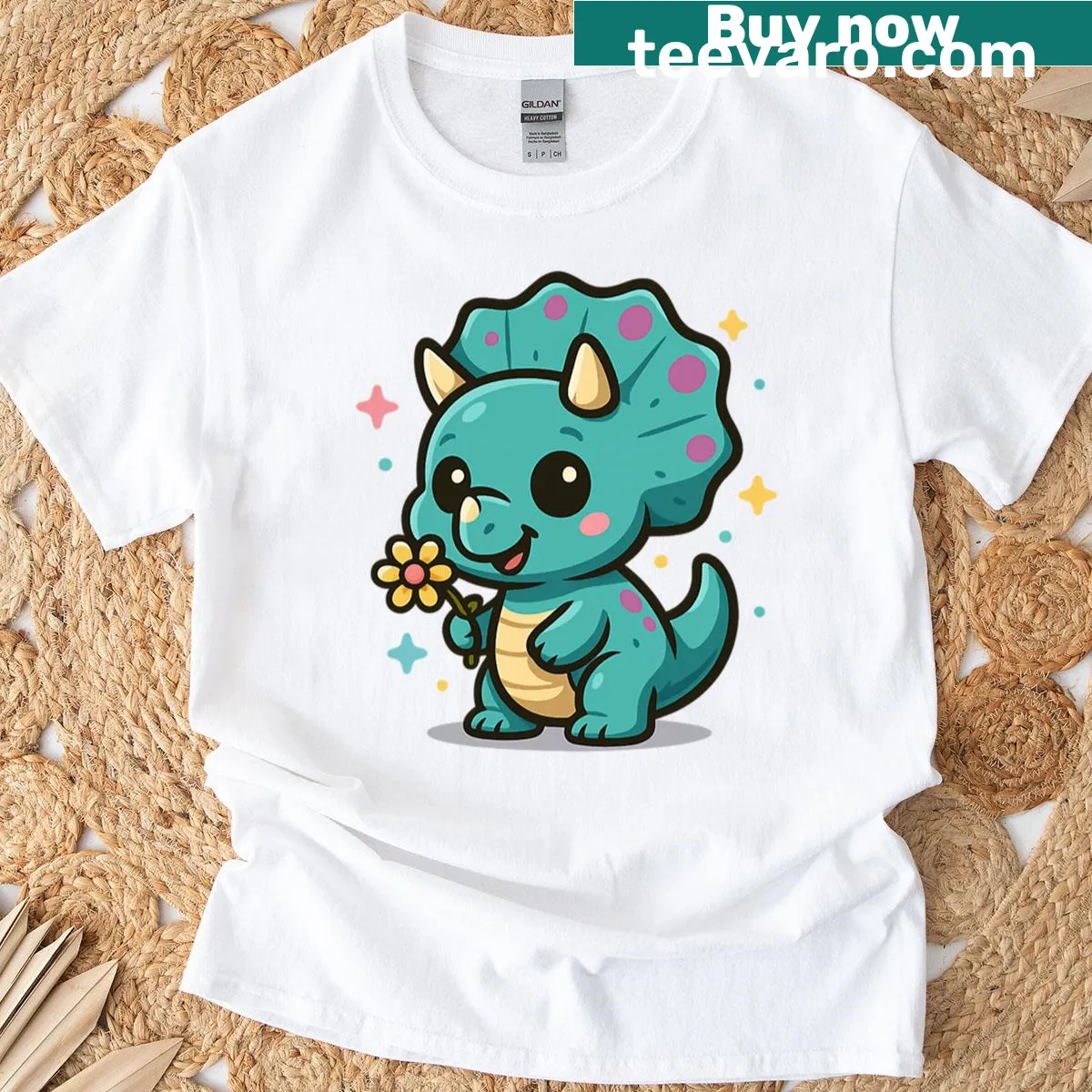 Cute T-shirt featuring a triceratops with a flower — on a men's t-shirt