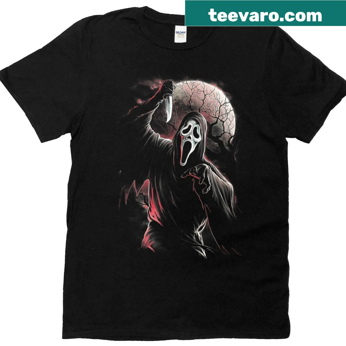 Scary movie-themed T-shirt with bold horror graphics — on a men's t-shirt