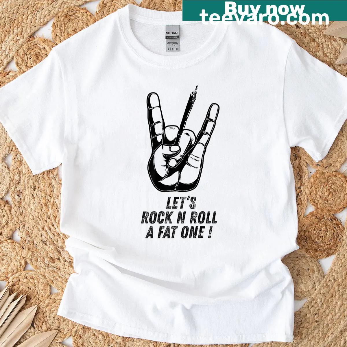 T-shirt with the phrase 'Let's Rock And Roll A Fat One' — on a men's t-shirt