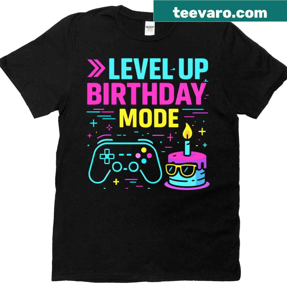 Playful 'Level Up' gamer birthday t-shirt with gaming graphics — on a men's t-shirt