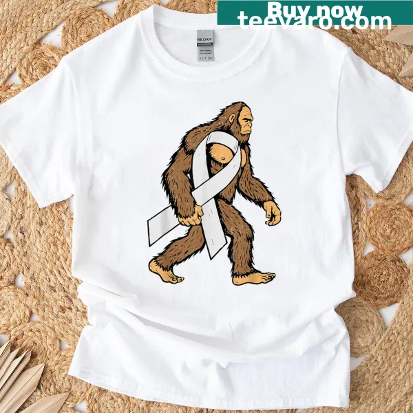 Bigfoot illustration with white ribbon for lung cancer awareness on T-shirt