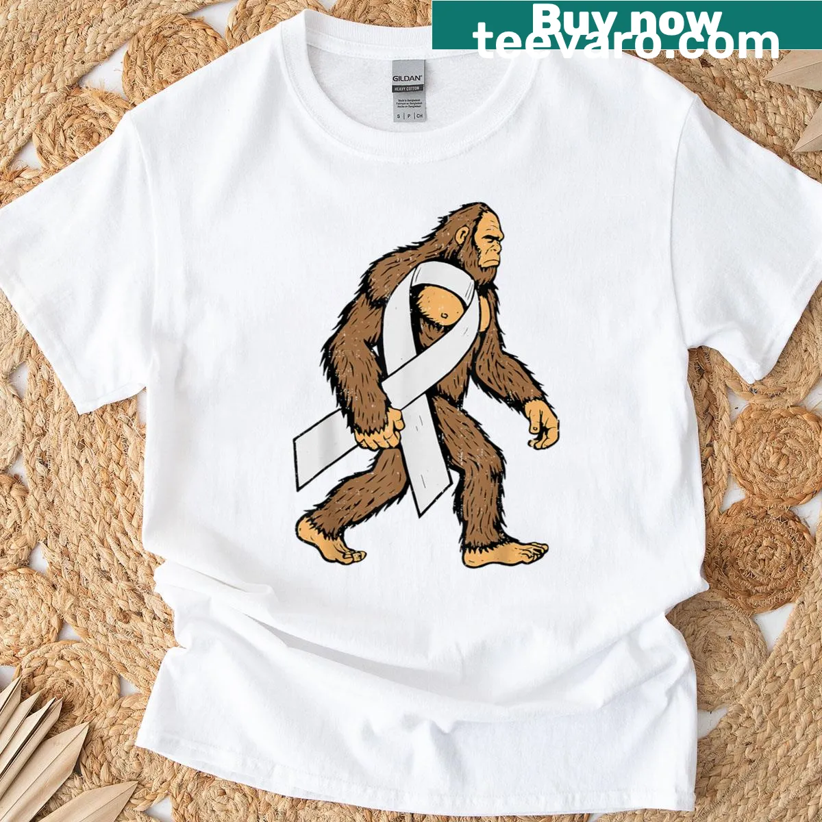 Bigfoot illustration with white ribbon for lung cancer awareness on T-shirt — on a men's t-shirt