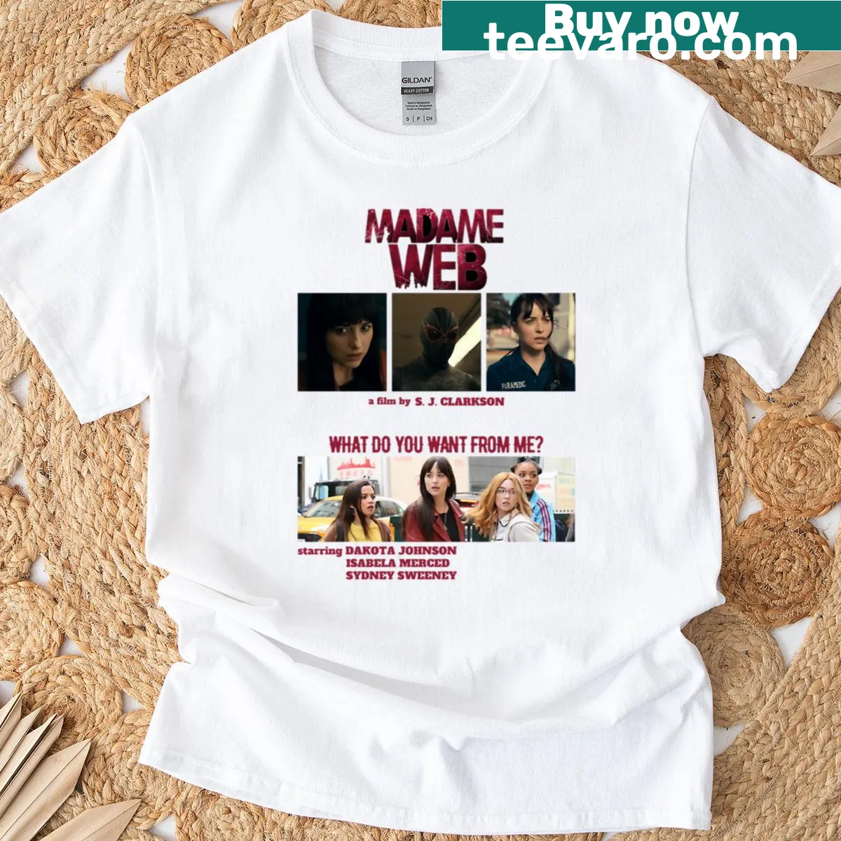 Illustrated t-shirt featuring Madame Web from the Spider-Man universe — on a men's t-shirt