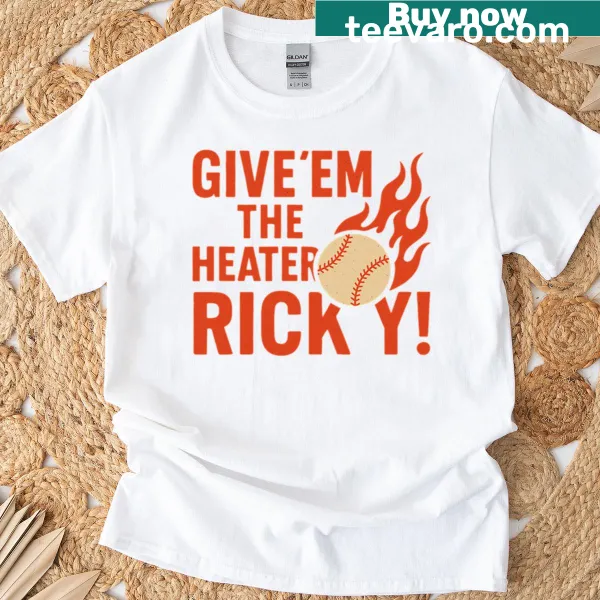Baseball T-shirt with 'Give Em The Heater' text and flaming design