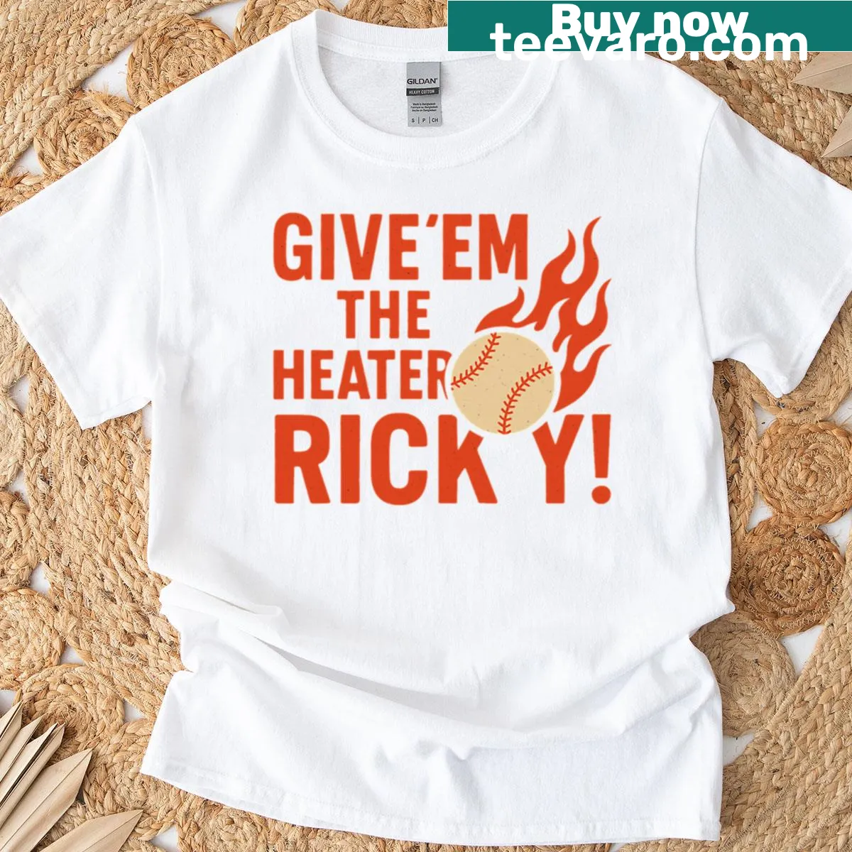 Baseball T-shirt with 'Give Em The Heater' text and flaming design — on a men's t-shirt