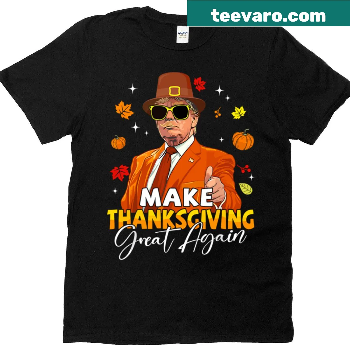 Funny Thanksgiving T-shirt with autumn leaves design — on a men's t-shirt
