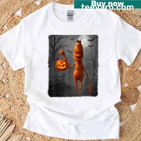 Cartoon Halloween t-shirt featuring Marcus the Worm in a costume