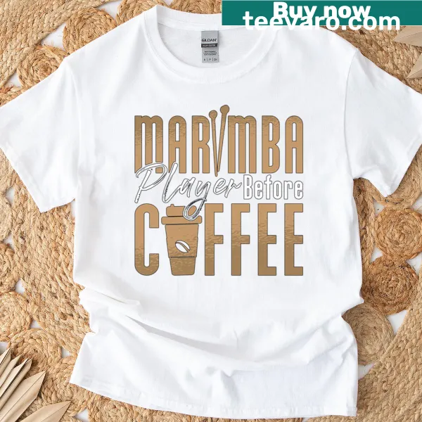 Illustration of a marimba player celebrating music and coffee on T-shirt