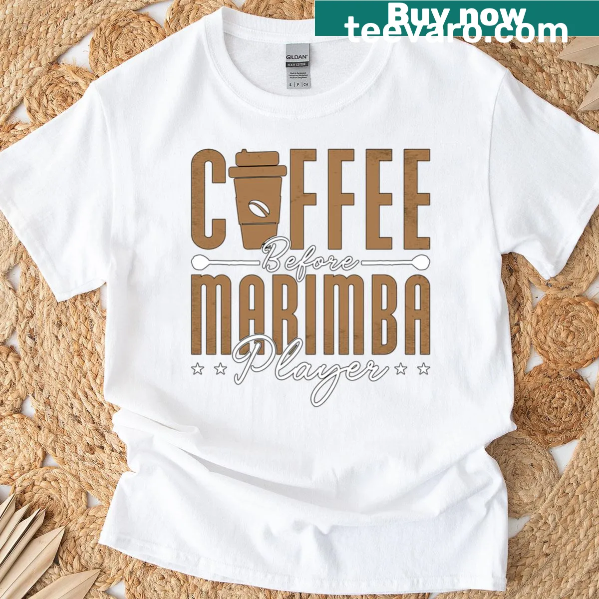 T-shirt featuring marimba player and coffee-themed text — on a men's t-shirt