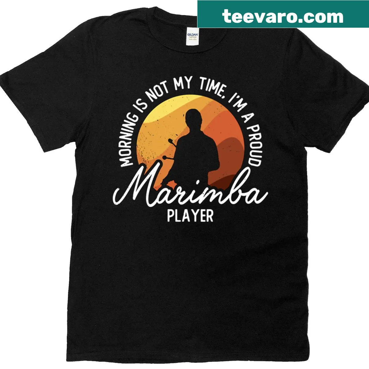 Vintage-style t-shirt with a marimba and humorous morning quote — on a men's t-shirt