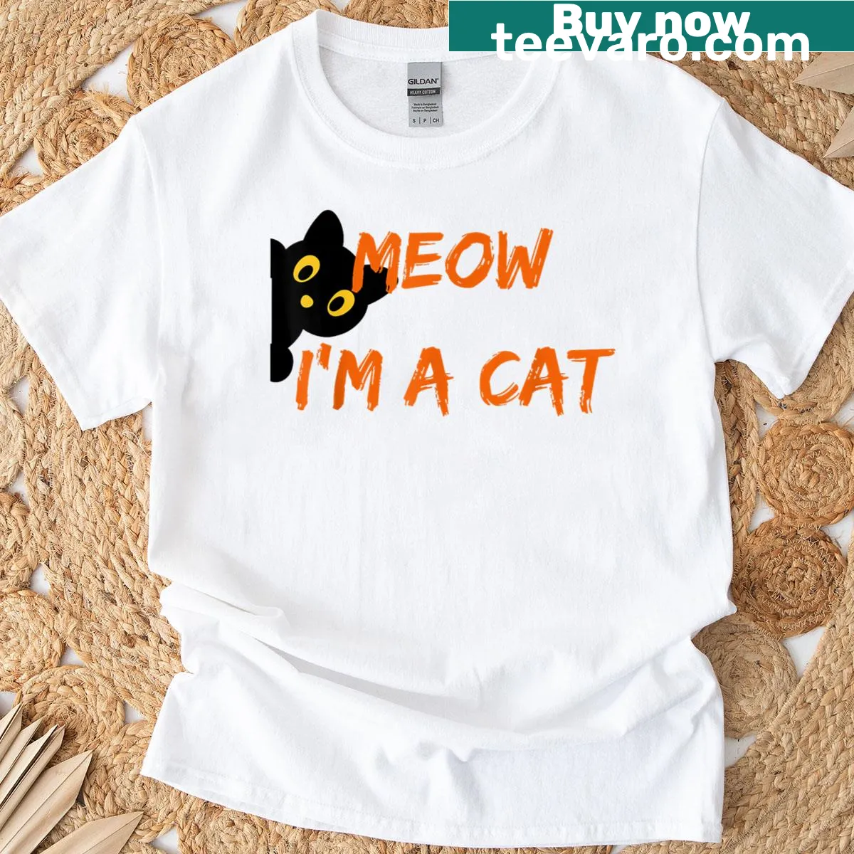 Cartoon Halloween T-shirt with the phrase Meow I'm A Cat — on a men's t-shirt