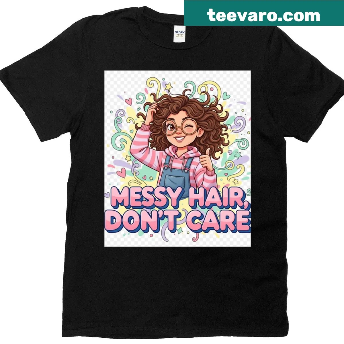 Cute cartoon girl with messy hair and a fun quote t-shirt — on a men's t-shirt