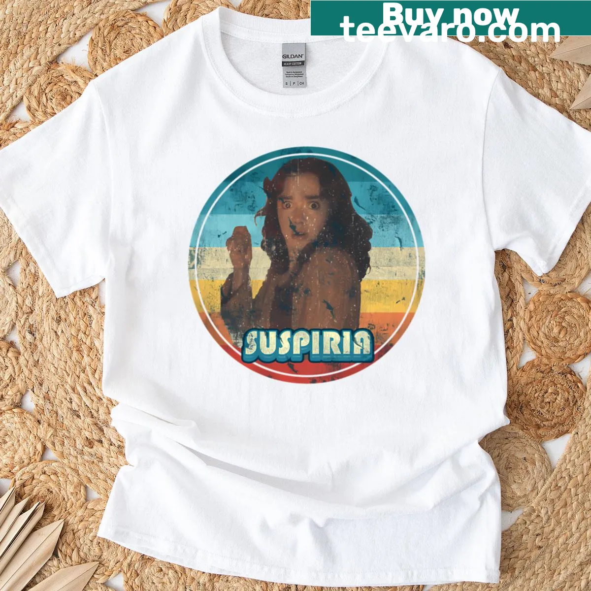 Vintage 70s horror movie t-shirt with retro graphics — on a men's t-shirt