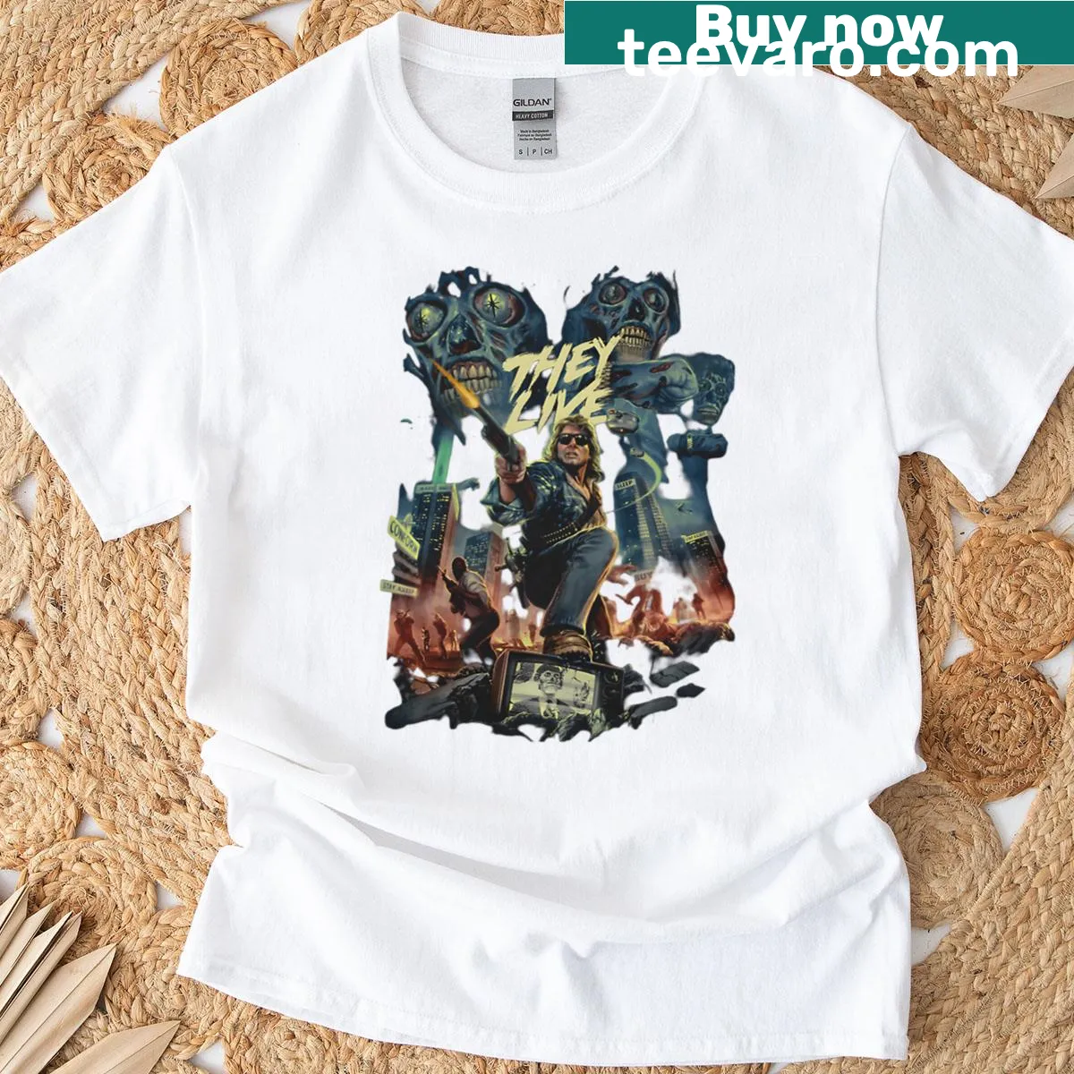 Vintage T-shirt featuring ghosts and monsters for Halloween. — on a men's t-shirt
