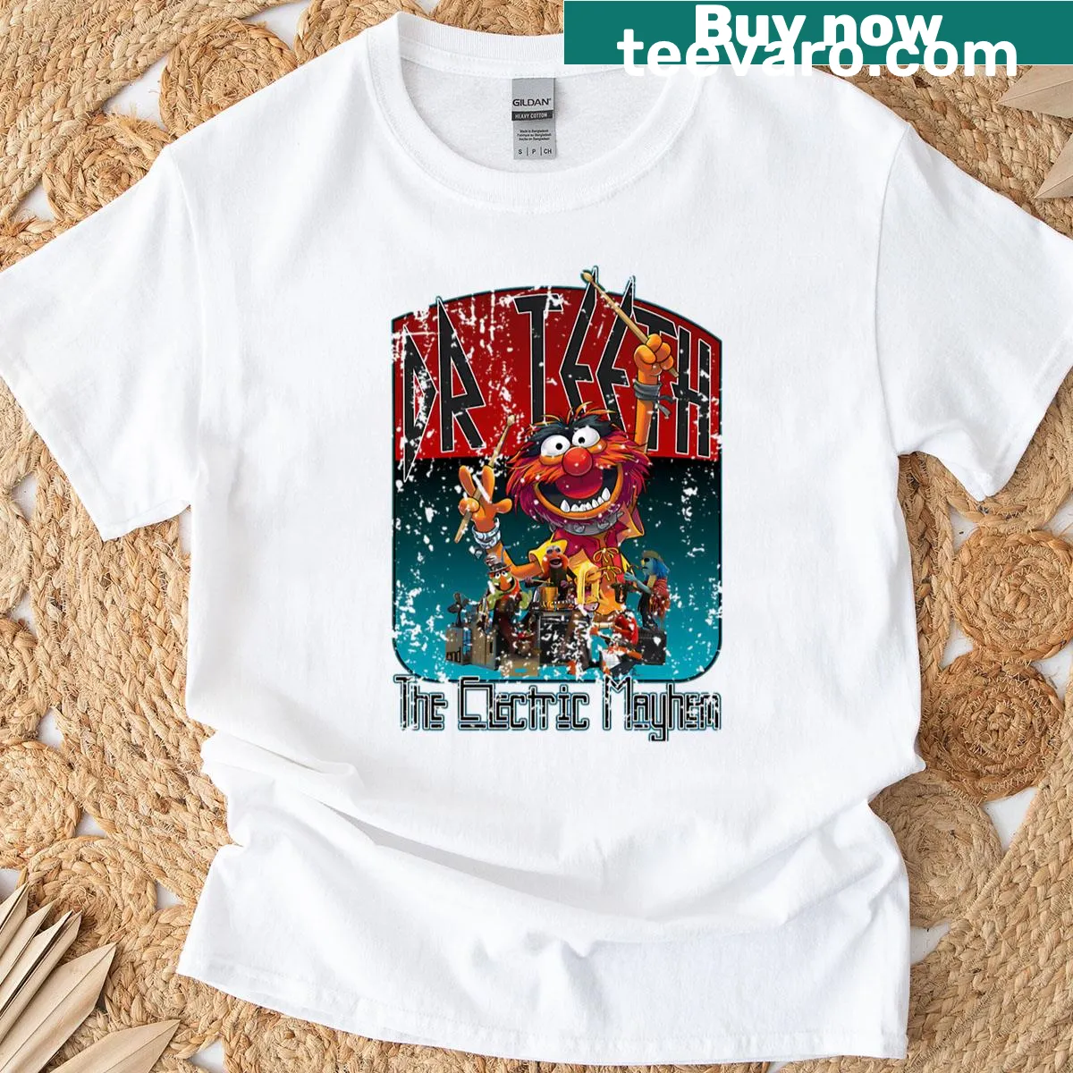Vintage-style T-shirt with cartoon puppet and comedy theme — on a men's t-shirt