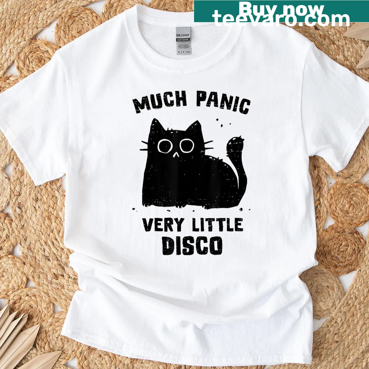 Funny cat t-shirt with a cartoon of a panicking cat at a disco — on a men's t-shirt