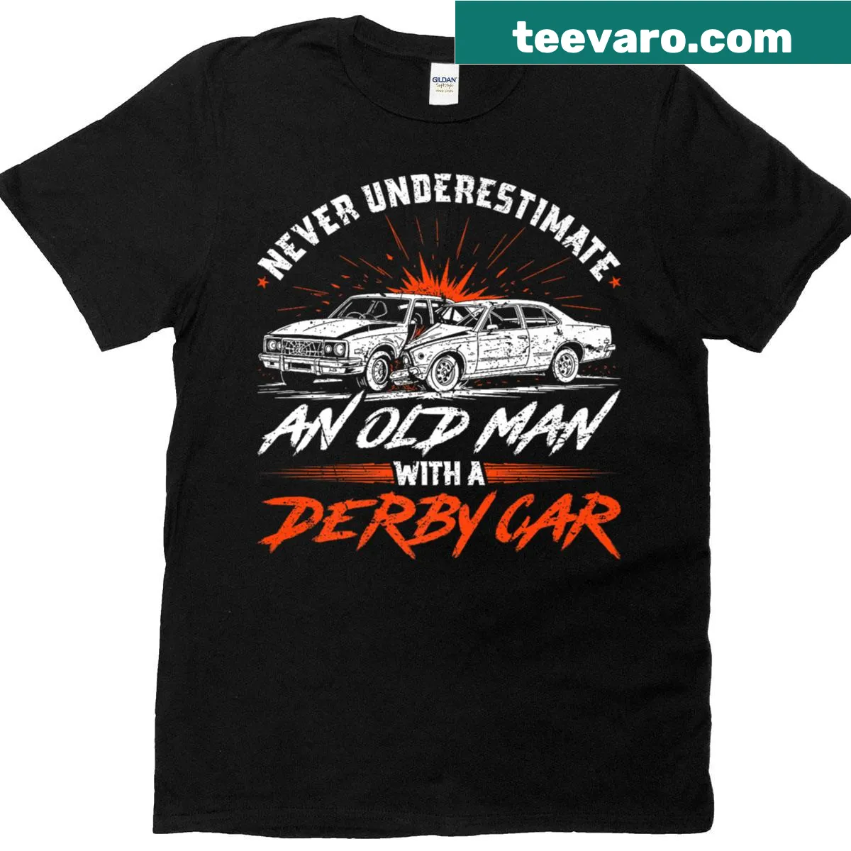 Vintage T-shirt with humorous saying about old men and derby cars — on a men's t-shirt