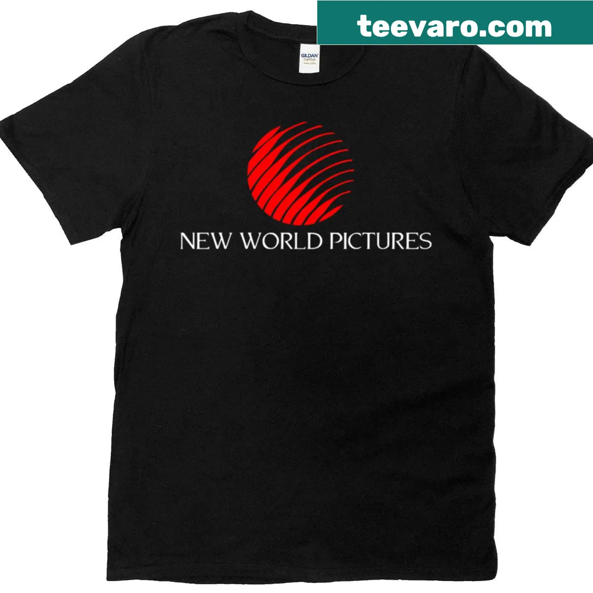 80s New World Pictures logo graphic on an oversized T-shirt — on a men's t-shirt