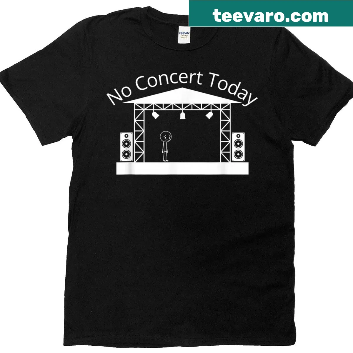 Cartoon stickman graphic on a t-shirt about missing concerts — on a men's t-shirt