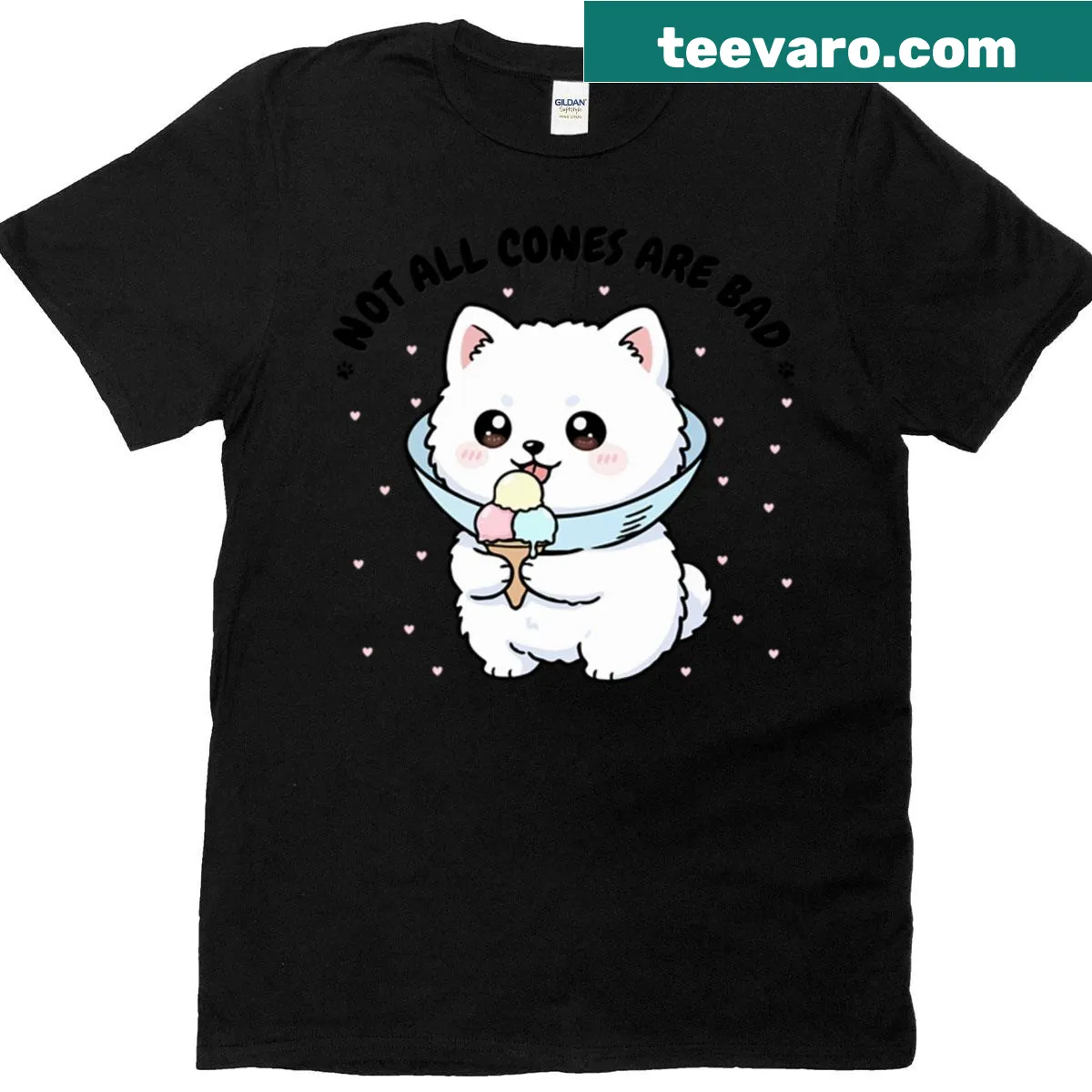 Funny oversized t-shirt with Samoyed dog in cone illustration — on a men's t-shirt