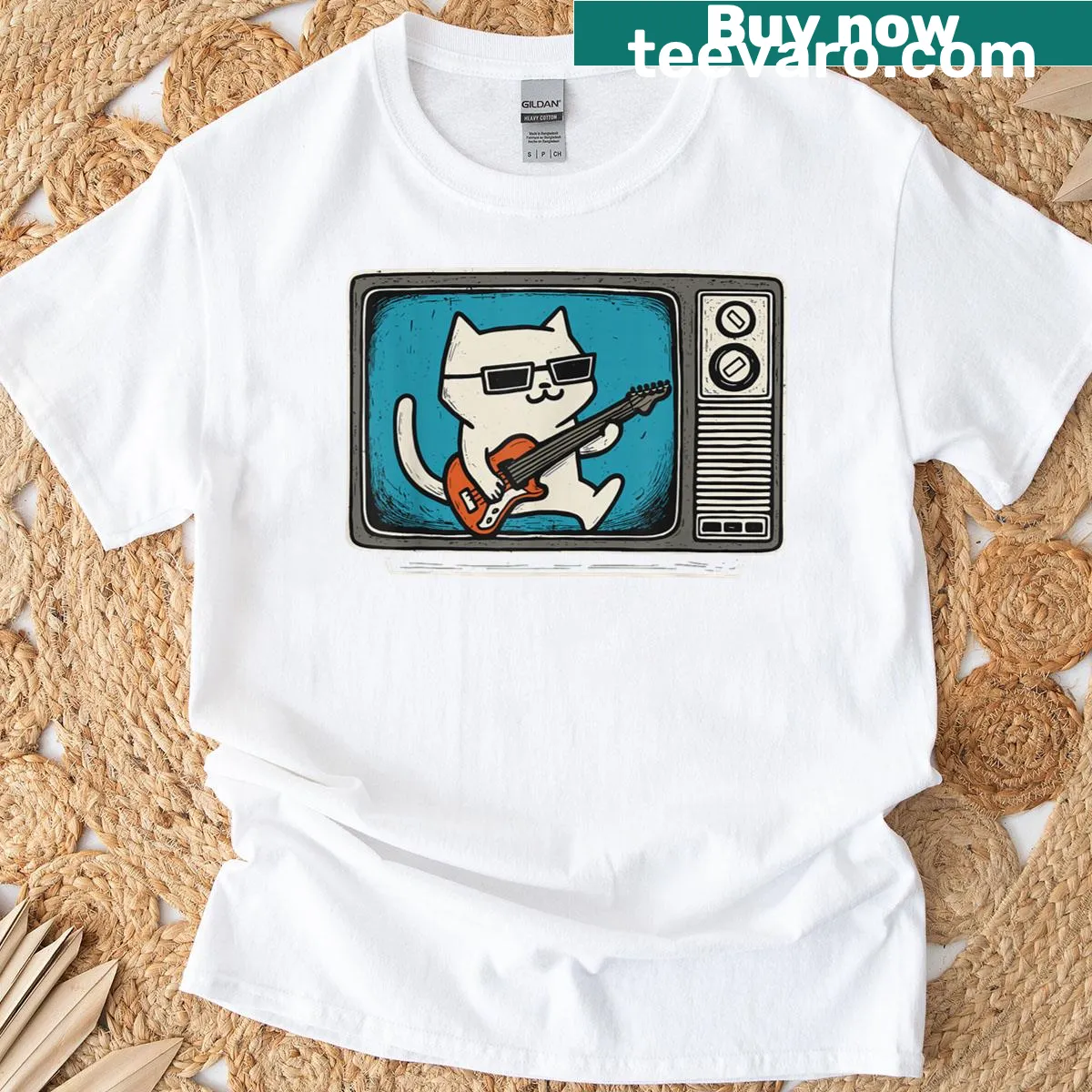 Cartoon cat playing guitar T-shirt — on a men's t-shirt