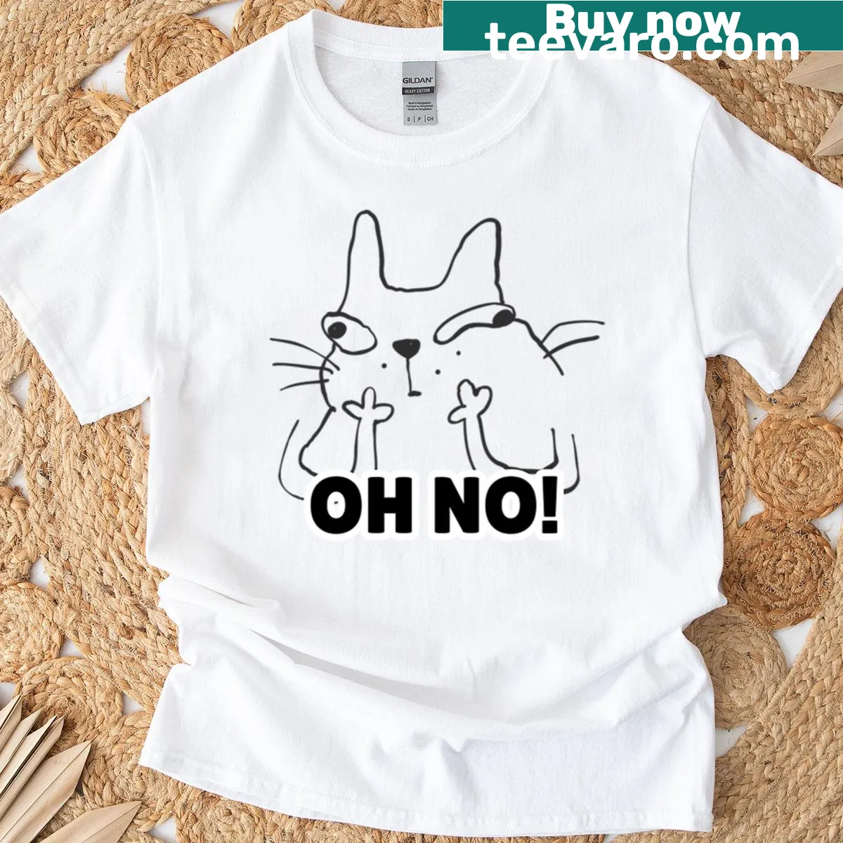 Oversized t-shirt featuring the 'Oh No' cat meme art — on a men's t-shirt