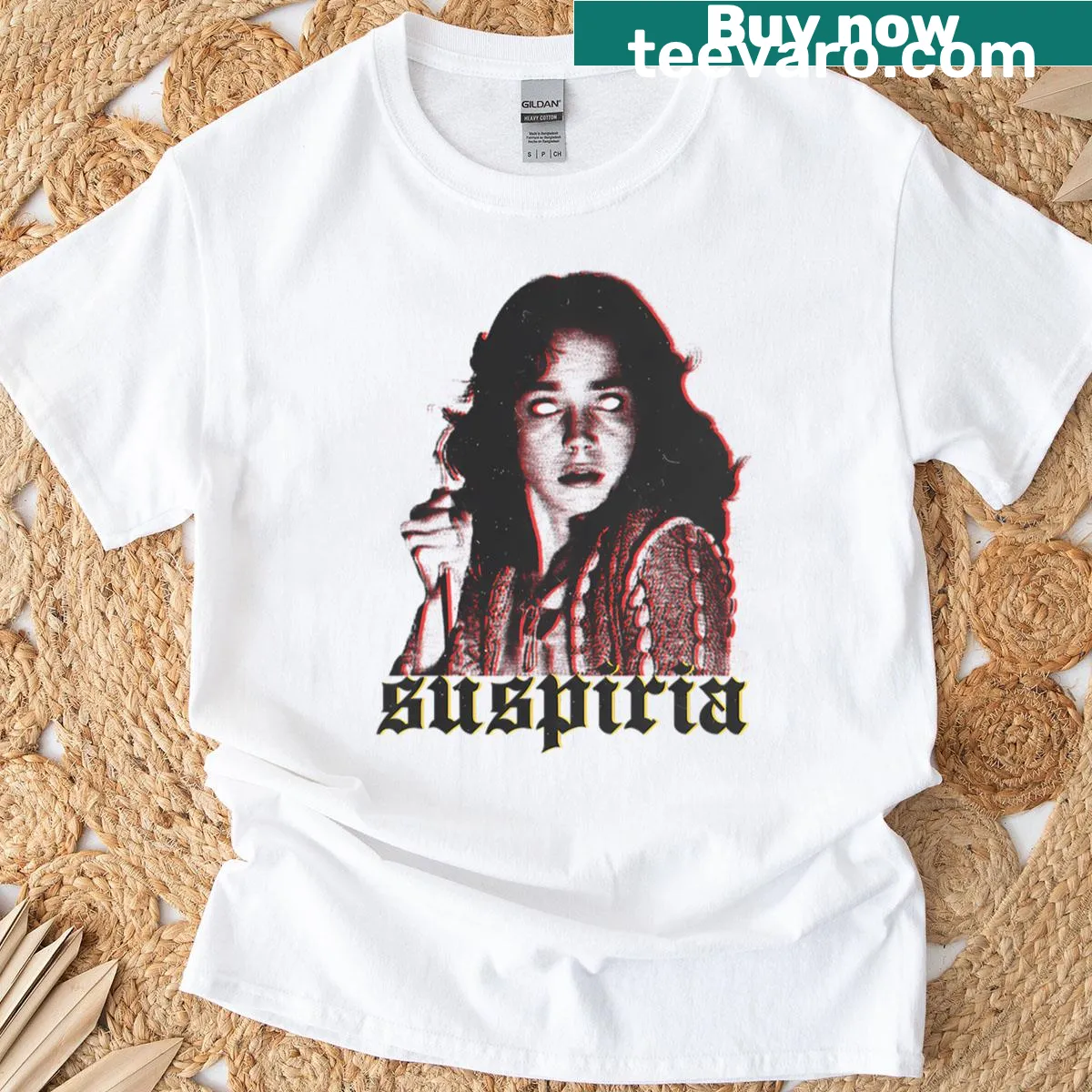 Vintage-style horror t-shirt with 70s movie graphics — on a men's t-shirt