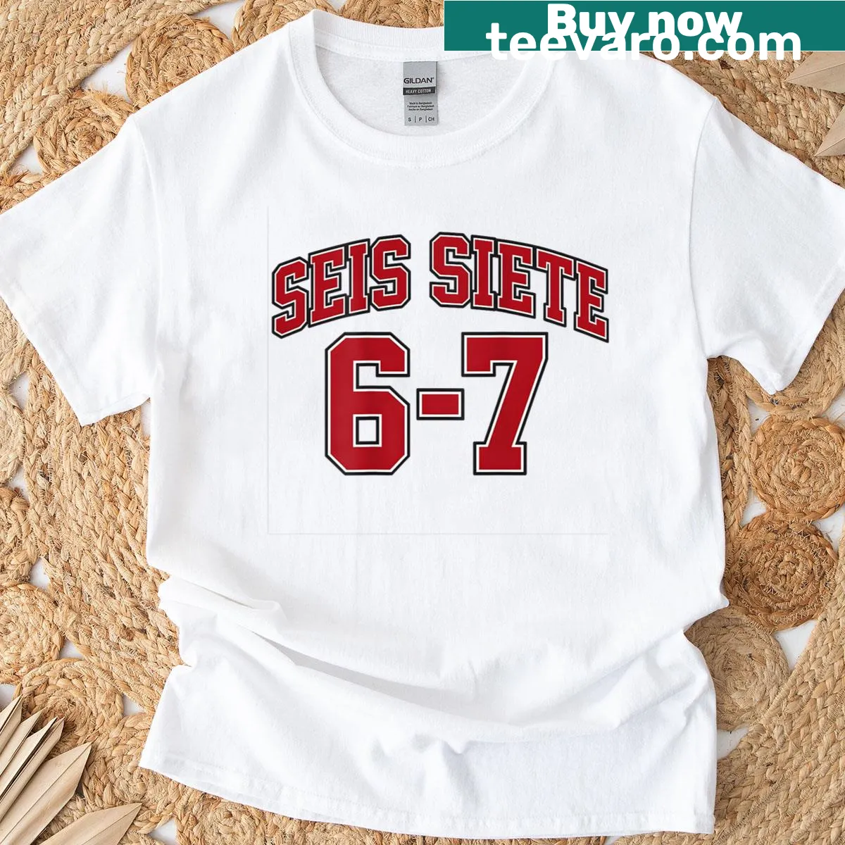 Sports jersey style t-shirt with 'Seis Siete 67' text — on a men's t-shirt