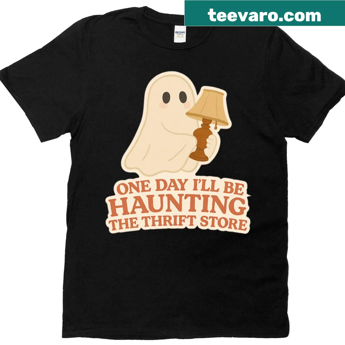 Whimsical typography t-shirt with haunting thrift store message — on a men's t-shirt