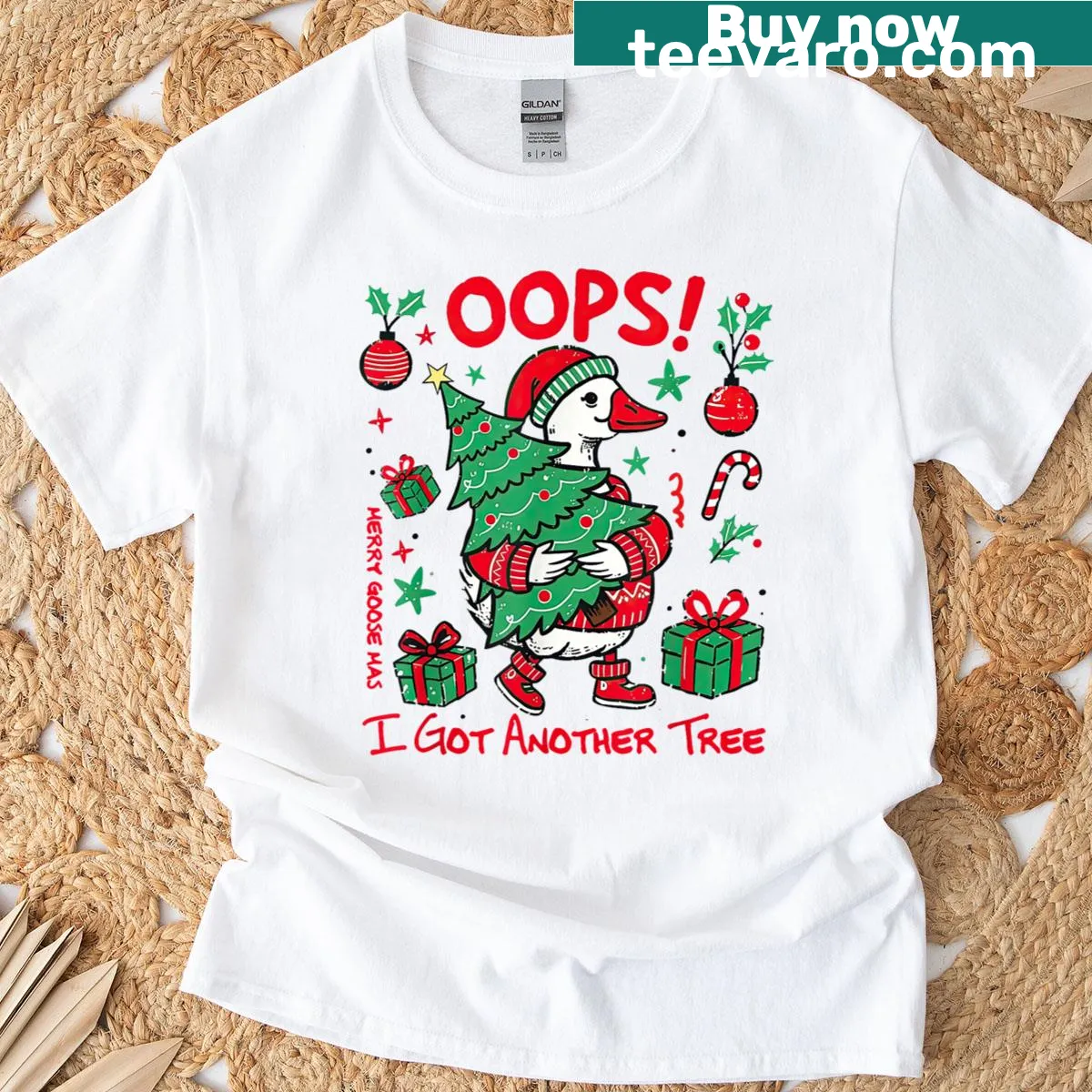 Funny Goosemas T-shirt with whimsical text about trees and geese — on a men's t-shirt