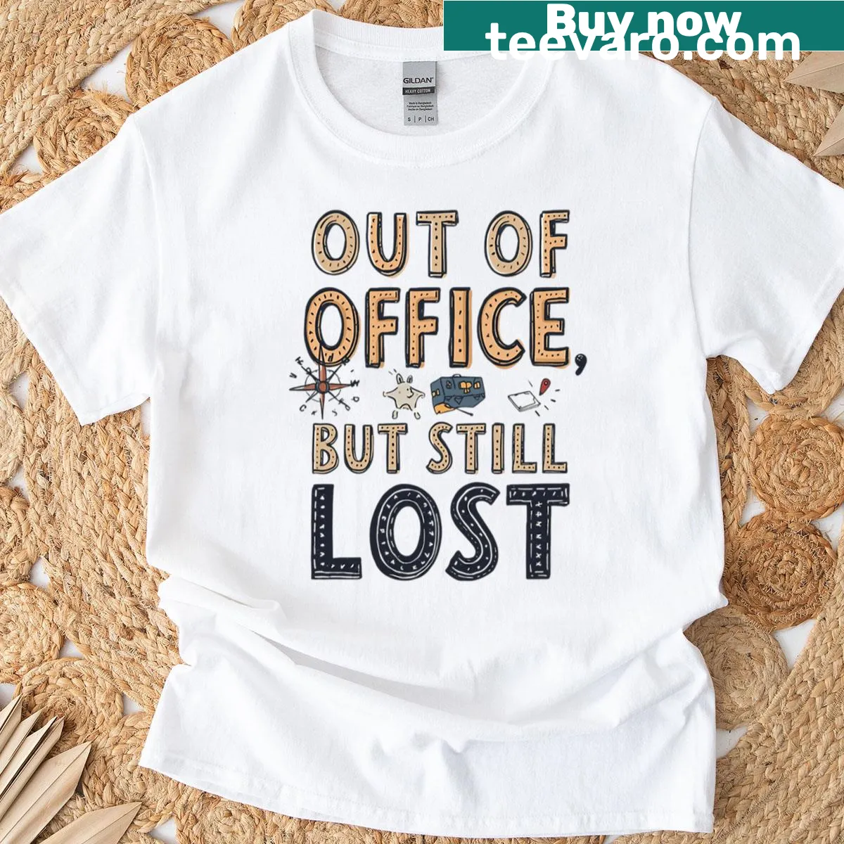 Humorous travel-themed t-shirt with 'Out Of Office But Still Lost' quote — on a men's t-shirt
