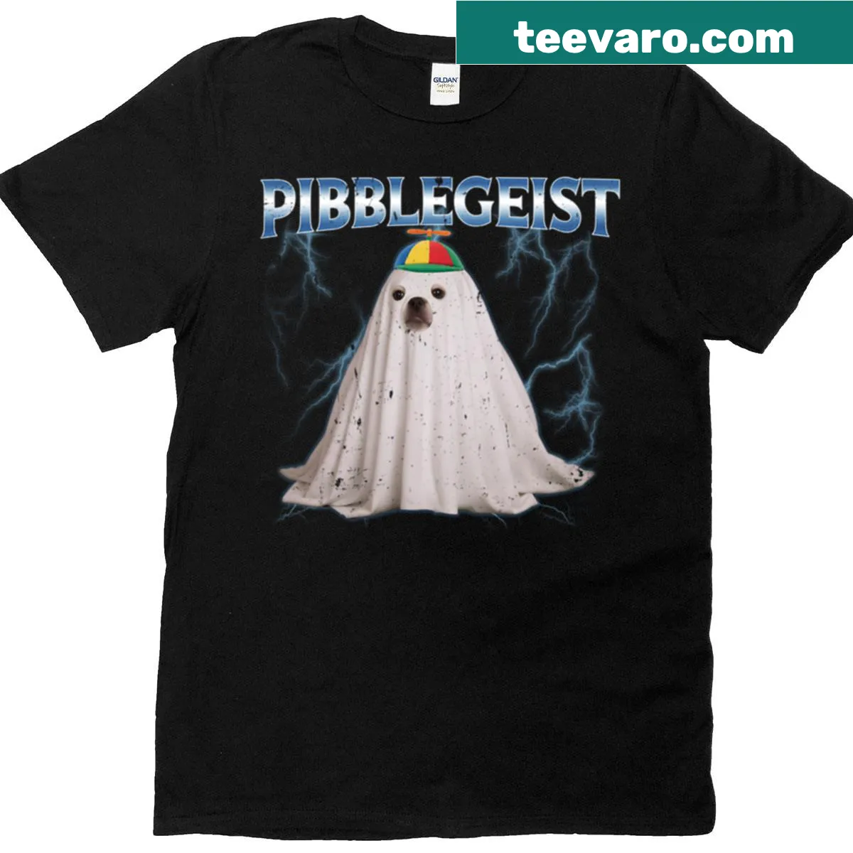 Halloween T-shirt featuring a funny ghost pit bull character. — on a men's t-shirt