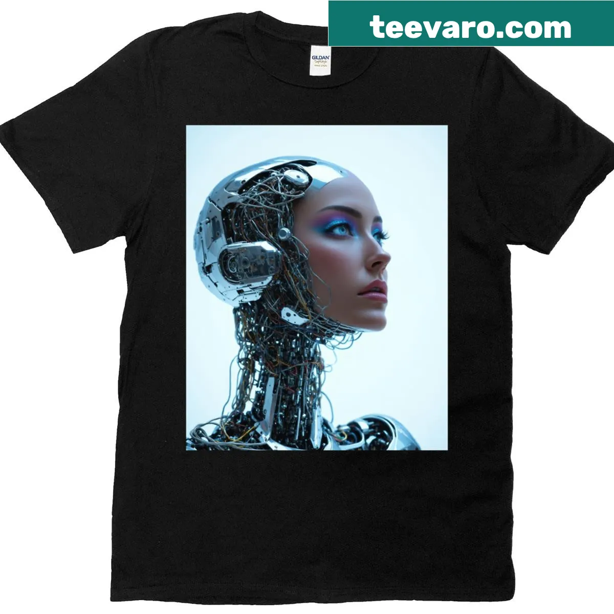 Graphic t-shirt featuring an illustration of a cyborg woman — on a men's t-shirt