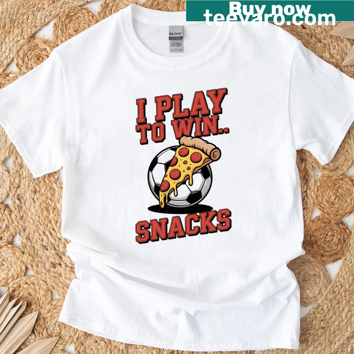 Funny soccer and pizza-themed graphic tee — on a men's t-shirt