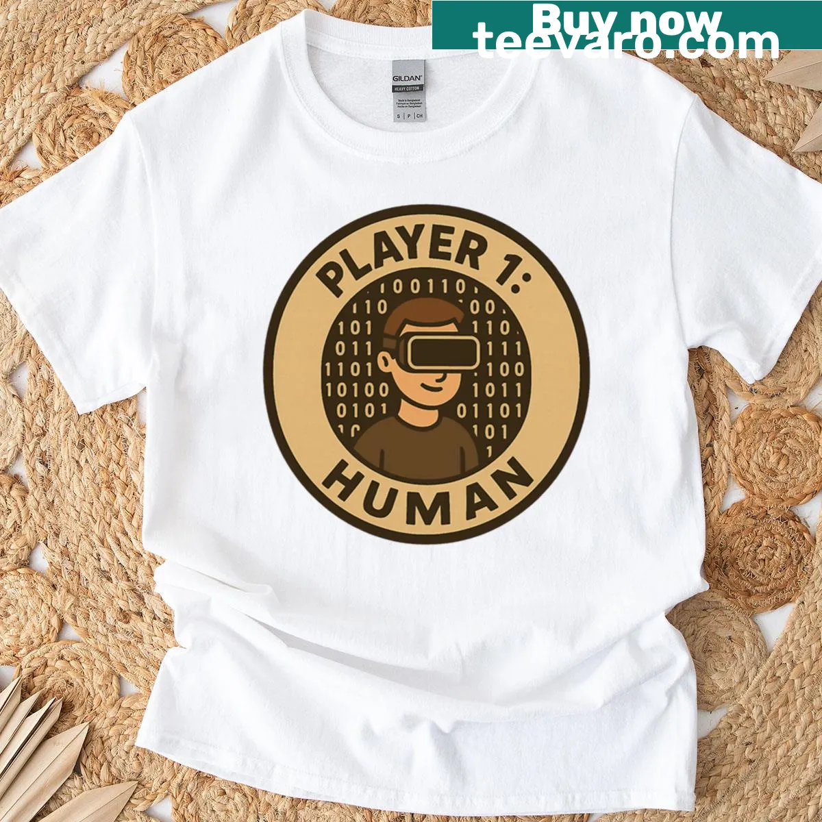 Badge-style shirt featuring 'Player 1' and simulation theory design. — on a men's t-shirt