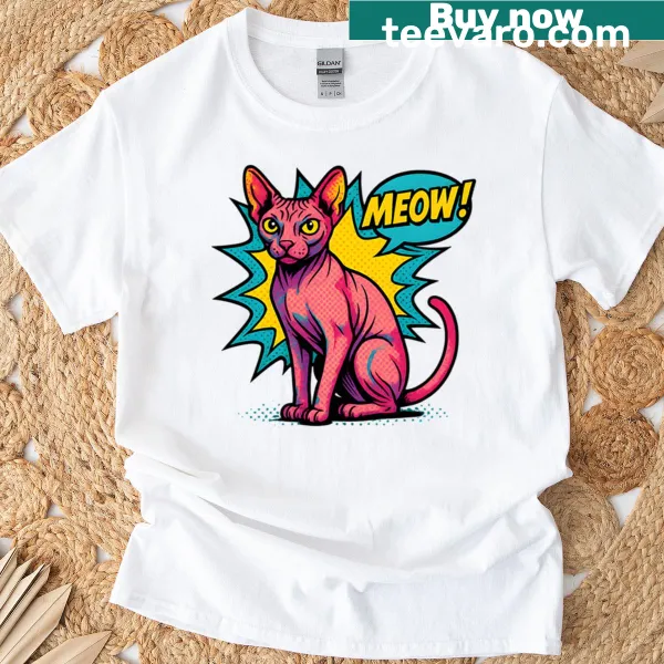 Pop art Sphynx cat graphic T-shirt with 'Meow' text