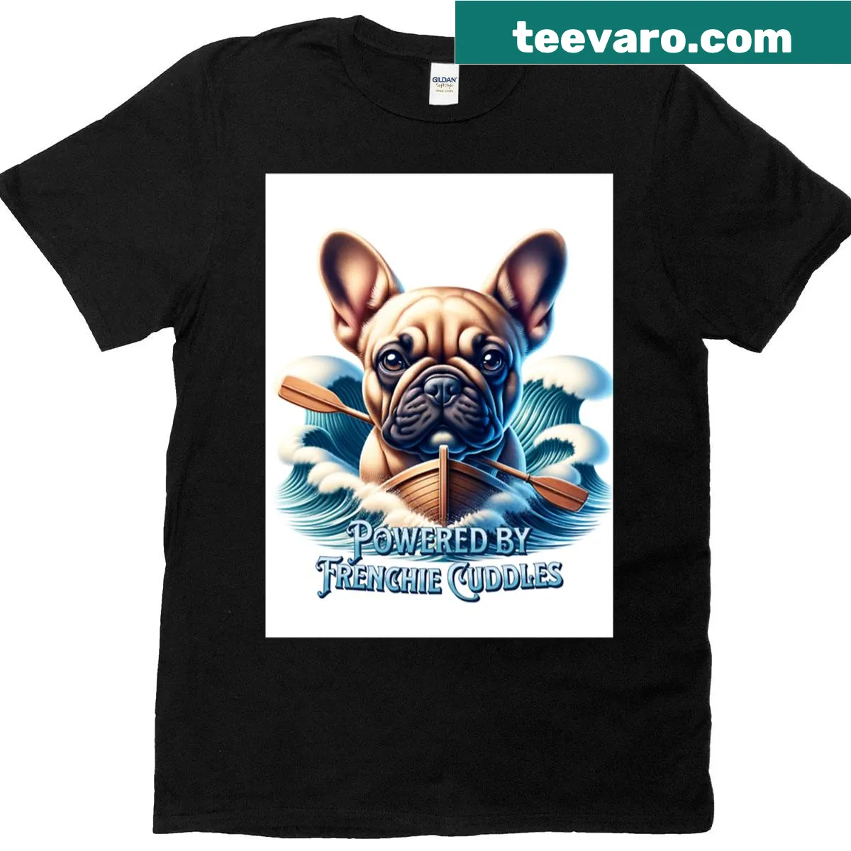 Cute T-shirt with 'Powered By Frenchie Cuddles' text design — on a men's t-shirt