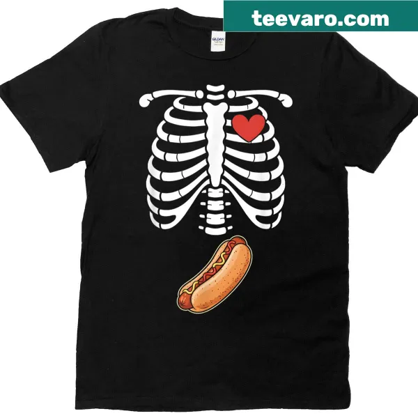 Halloween-themed T-shirt with skeleton, hotdog belly bump graphic