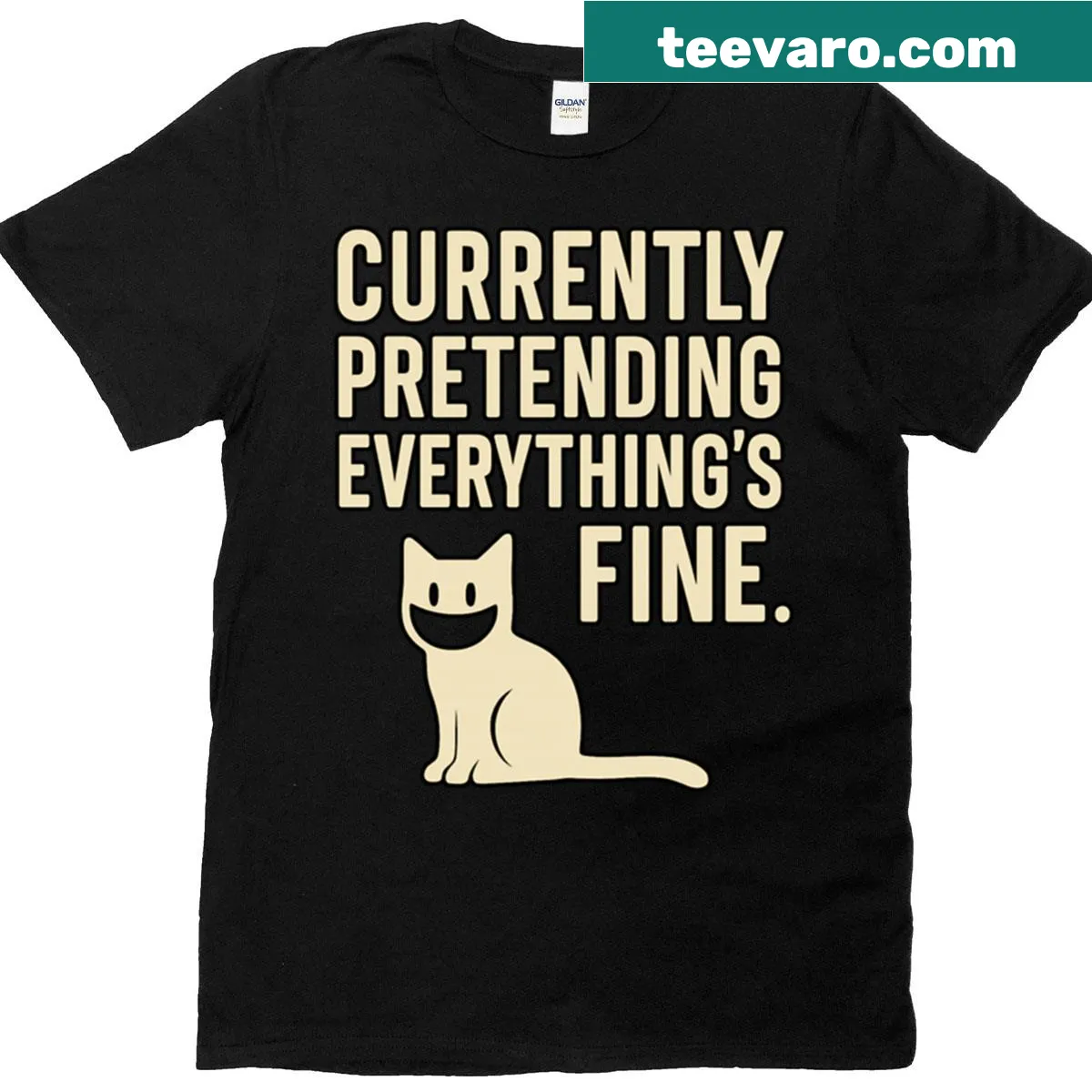 Minimalist cat t-shirt with sarcastic text 'Pretending Everything's Fine' — on a men's t-shirt
