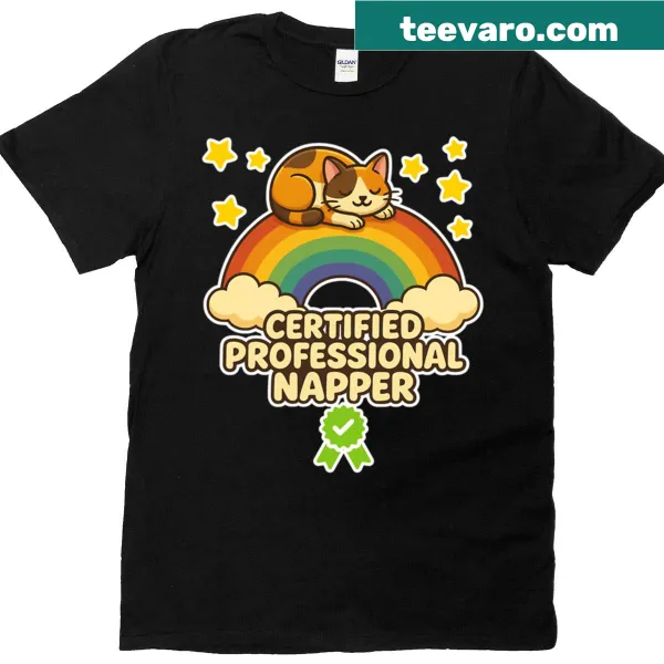 Cartoon sleeping cat on a rainbow graphic T-shirt