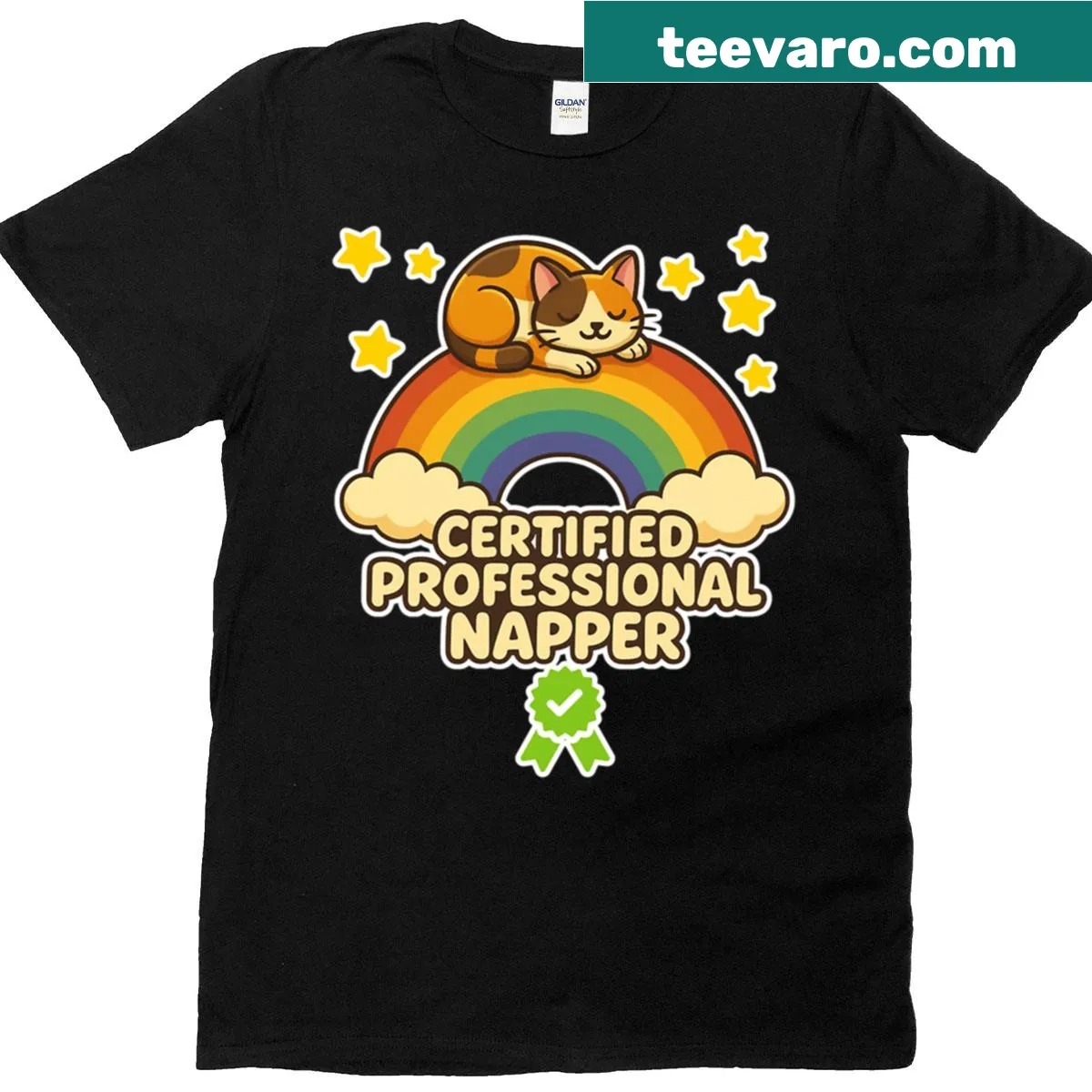 Cartoon sleeping cat on a rainbow graphic T-shirt — on a men's t-shirt