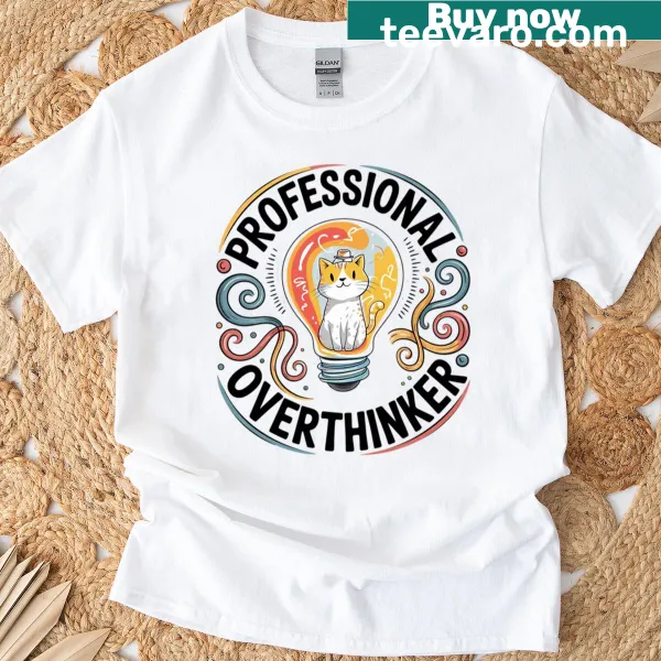 Funny cat-themed shirt with overthinker graphic and text
