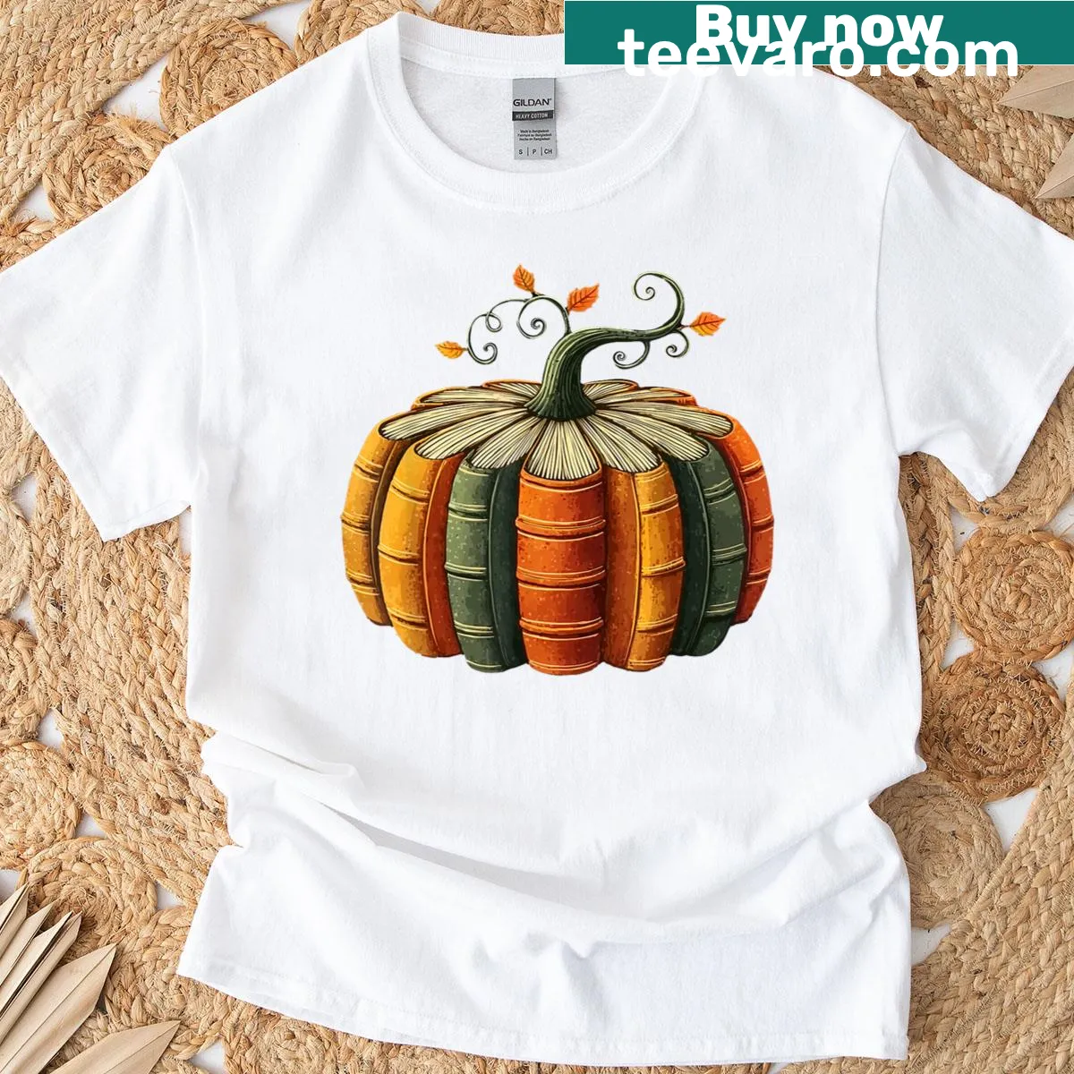 Playful pumpkin graphic T-shirt for book lovers — on a men's t-shirt