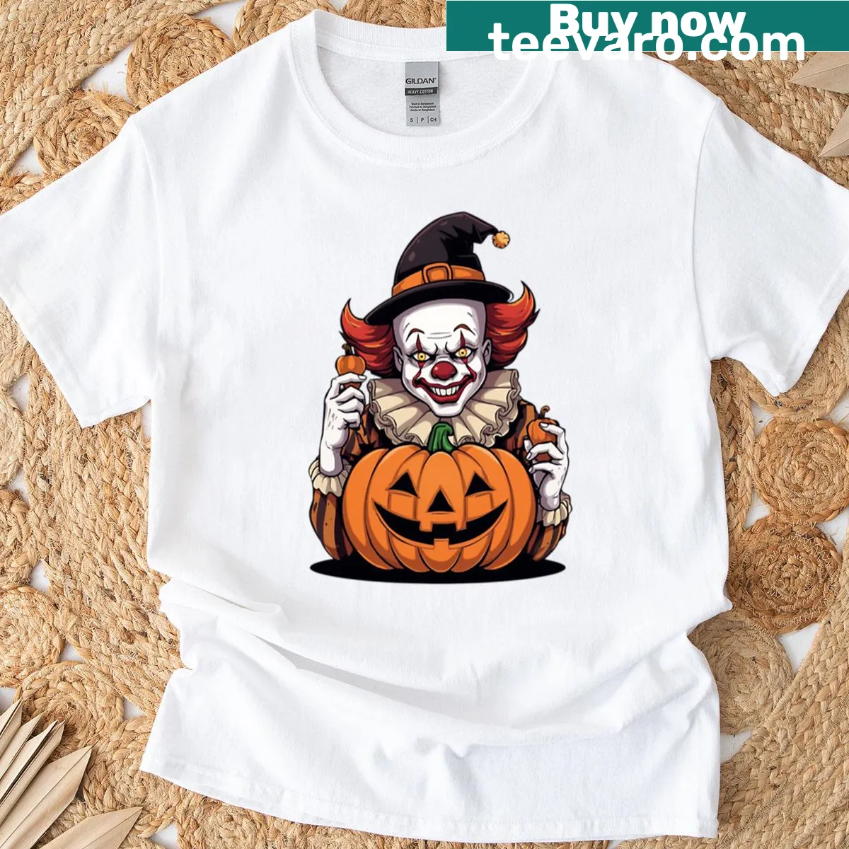 Oversized t-shirt with a playful pumpkin clown graphic. — on a men's t-shirt