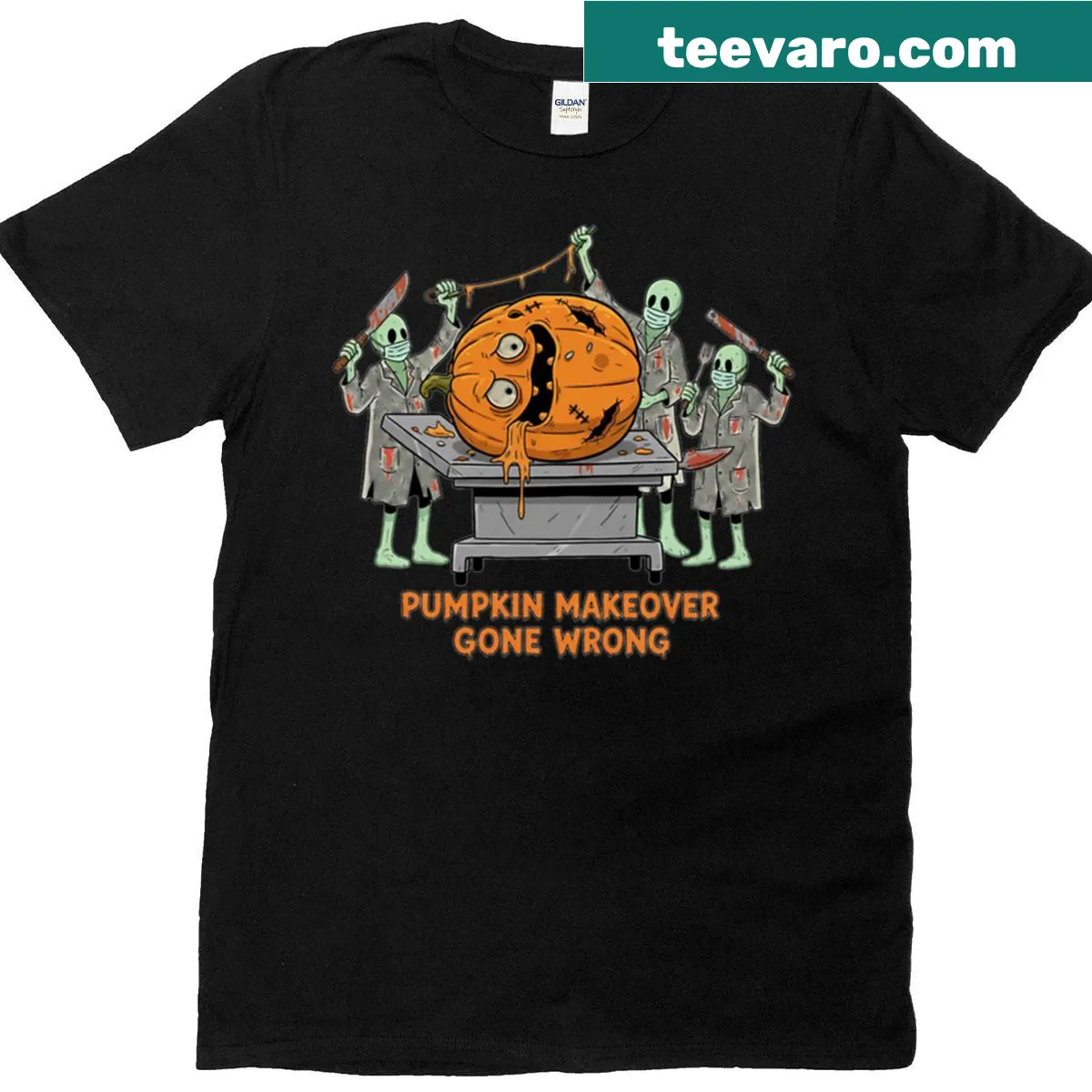 Horror-themed t-shirt featuring a pumpkin makeover gone wrong — on a men's t-shirt